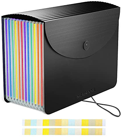Meknaail File Organiser 13 Pockets A4 Size Expanding Accordion Filing Boxes with Lid and Colour Labels Folders for Paperwork and File Storage