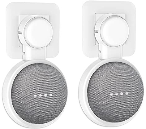 PlusAcc Väggfäste för Google Nest Mini eller Home Mini med integrerad kabelhantering, perfekt för sovrum, badrum och kök, inga skruvar behövs (vit)
