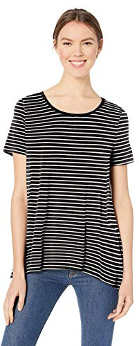 Amazon Essentials Maglietta a Maniche Corte con Scollo Rotondo, vestibilità Comoda (Taglie Forti Disponibili) Donna, Nero Righe, XL