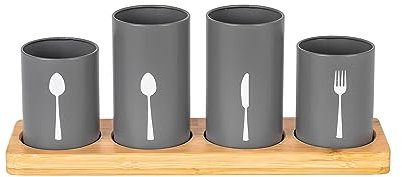 Innoteck Essentials 4pc Kitchen Cutlery Holder Set - Modern Farmhouse Kitchen Décor - Natural Bamboo - Matt Grey Utensil Crock - Vintage Organizer - Tool Caddy - Countertop Storage