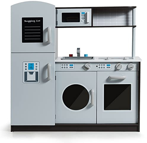 GLACER Kids Kitchen Playset, Pretend Cooking Food Set w/Simulated Sound, Sink, Stove, Refrigerator, Oven, Washing Machine, Wooden Play Kitchen for Toddlers, Gift for Boys Girls (Grey)