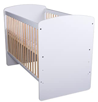 KMbaby Lit Bébé K2 Blanc Jaune 120 x 60 cm avec Sommier À Lattes - Lit Bébé 3 Niveaux Réglable en Hauteur - Bois de Pin Laqué et MDF