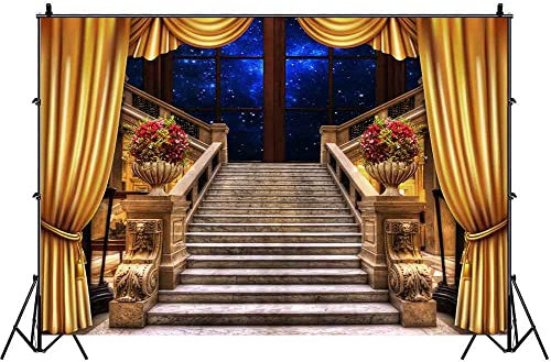 VIDMOT Castle Steps Hintergrund 2,7 x 1,8 m, wunderschöner Palast-Halltreppen-Hintergrund für Kinder und Erwachsene, persönliche Fotoshootings, goldener Theaterhintergrund, Fotostudio-Set, Requisiten