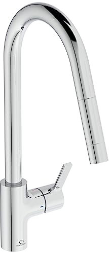Ideal Standard – Gusto Küchenarmatur, Hoher Auslauf mit zylindrischem Querschnitt, mit 1-Funktionshandbrause, Schwenkbereich 360°, Schnellmontagesystem EasyFix+, Chrom