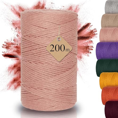Nachhaltiges Makramee Garn 3mm x 200m – Häkelgarn für Taschen (rosa) | DIY Flechtkordel für Untersetzer, kleine Körbe etc, 100% Recycelt & Hochwertig