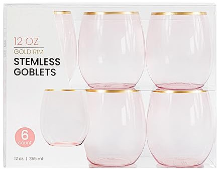 PLASTICPRO 12 Pack Pink With Gold Rim Plastic Wine Glasses Stemless Disposable 12 oz BPA Free Shatterproof Plastic Wine Cups Wine Glasses for Parties