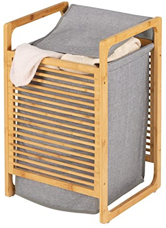 WENKO Wäschetruhe Nori, Bambus, Wäschesack, 43 Liter, abnehmbar, 40 x 60 x 35 cm, Braun/Grau