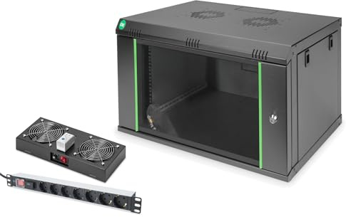 DIGITUS Set: 19 7HE Netzwerkschrank + Dachlüfter + 7-Port Steckdosenleiste // 19 Zoll Rack – Wandmontage – 450mm Tiefe – Traglast 60kg – Nutztiefe 335-380 mm – Dynamic Basic Serie – Schwarz
