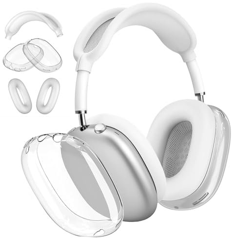 Kompatibel mit Apple Airpods Max Case, Silikon für Airpods Max Cover, Geeignet für Airpods Max Zubehör, Bezug für Ohrkissen + Bezug für Ohrenschützer + Bezug für Ohrbügel(Weiß + Transparent)