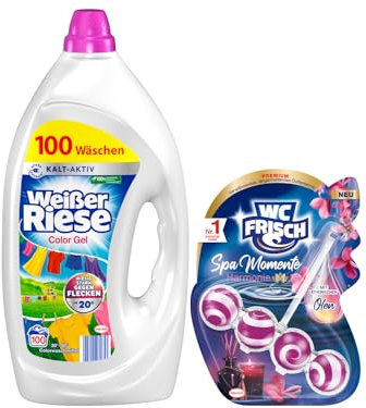 Weißer Riese Color Gel (100 Waschladungen), Color Waschmittel sorgt für strahlend saubere Wäsche & WC-Frisch Spa Momente Harmonie Toilettenstein (1x 50g), WC Duftspüler, 1er Pack