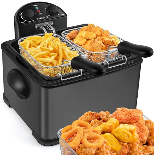 Secura 4 Liters / 17-Cup Stainless-Steel 1700-Watt Electric Deep Fryer with Timer Free Extra Odor Filter, Triple Basket, 4.5 Quarts, Black