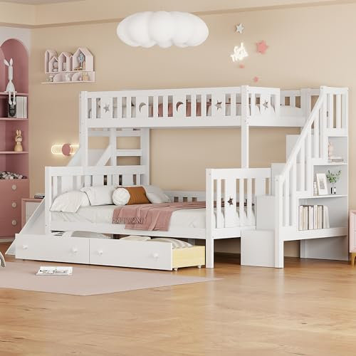 Moimhear Letto per bambini, letto a castello in legno massello con scivolo e ripiano con gradini di sicurezza, rete a doghe, bianco (Bianco, 90x200cm+140x200cm, con 2 cassetti)