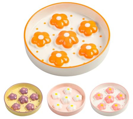 Ceramic Slow Feeder Cat Bowl - Anti-Vomiting Food Dish with Fun Maze Design - Colorful Slow Eating Plate for Cats - Microwave and Dishwasher Safe - 6.3 W × 1.2 H - Bright Orange Flower