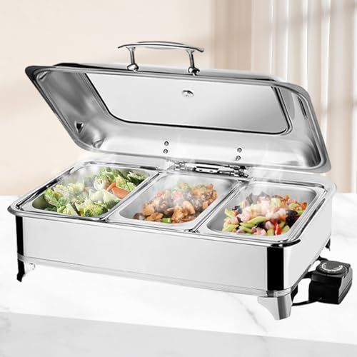 BOVDC Elektrische Chafing Dish Glasdeckel, 9L Edelstahl(A,1/3 Pan) | Speisewärmer Buffetwärmer Einstellbare Temperatur, Warmhaltebehälter Essen Elektrisch mit Soft-Close-Glasdeckel