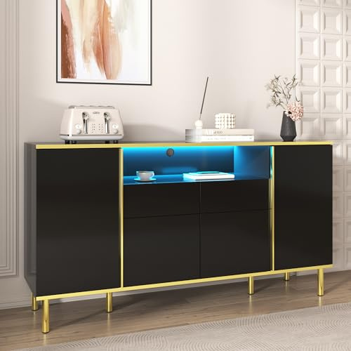 LATICO Sideboard Kommode mit 4 Türen und 2 Schubladen, 150x40x80cm Küchenschrank Hochglänzendes Buffetschrank Cabinet Anrichte Standschrank Aufbewahrungsschrank, Wohnzimmer Esszimmer Küche (Schwarz)