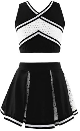 MZPOZB Cheerleading Uniformen Cheerleader Uniform Kinder Mädchen Cheerleading Kostüm Schulmädchen Tanzkleidung Set Ärmelloses Top + Rock Kinder Pailletten Outfit Cheerleader Kostüm(Black,4)
