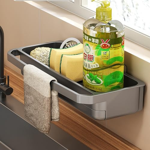 HASA zone Porta Spugne Lavello Cucina con Vaschetta di Scarico, ABS Organizer Lavello Cucina da Appendere con Supporto per Asciugamani, Montaggio a Parete/Appeso per Accessori da Cucina (Grigio)