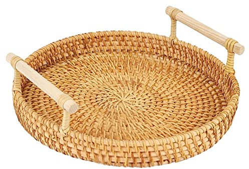 Vassoi per torte di frutta in rattan intrecciato a mano, cestino rotondo in vimini con manico, vassoio da portata per cena, vassoio per colazione, pane, piatto per alimenti in rattan intrecciato a