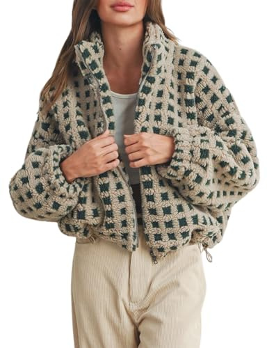 Esmeling Women’s Long Sleeve Cropped Sherpa Fleece Plaid Jacket Casual Chunky Teddy Fleece Outerwear (1024-Green-M)