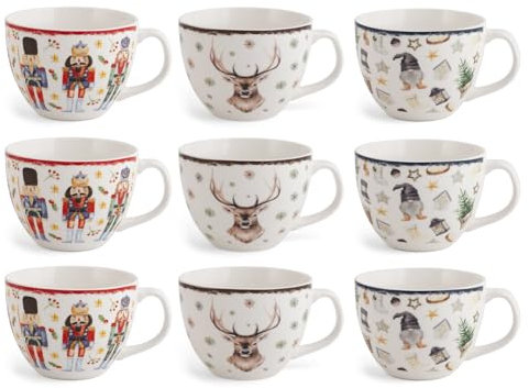 H&H, set 9 tazze colazione, tazze natalizie, tazze decorate, decori assortiti, in porcellana New Bone China, 470 cc