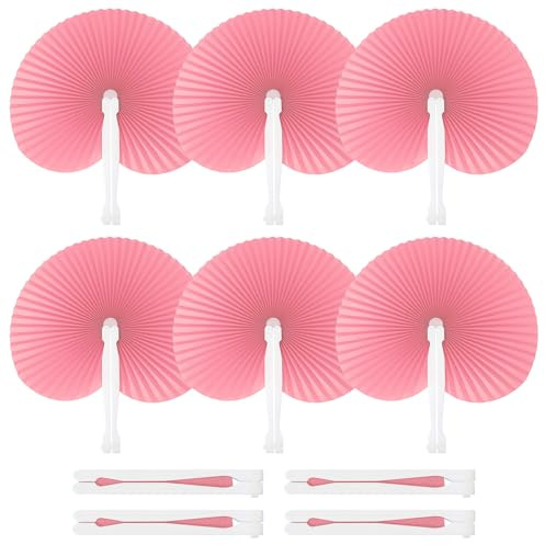 PATIKIL Round Shaped Paper Hand Fans, 20 Pack Bulk Folding Fan Handheld with Plastic Fan Handles for Wedding Party Decoration Birthday Guest Favors DIY Supplies, Pink