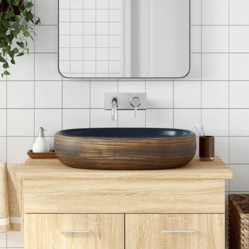Tidyard Vasque à Poser Marron et Bleu Ovale 59x40x14 cm céramique, Évier de Comptoir, Vasque à Poser, Lavabo de Salle de Bain pour Toilette, WC d'invités