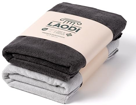 LAODI Premium Duschtuch Set 2er 70x140 cm aus 100% Baumwolle – 570 g/m², saugfähig & weich – Made in Portugal, 2-Farben Set: Antarktis Grau & Gewittergrau