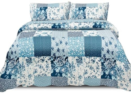 Trendy Realm Quilt Patchwork Bedspread 3 Piece Set – Coverless Quilted Bedspread, Comforter Throw, Summer and All-Season Lightweight Bedding Sets, with 2 Pillow Sham - (Frozen Petals, Double)