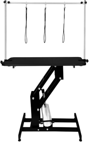 Tavolo Idraulico Toelettatura Cani - Altezza 55-101 cm, Capacità 180 kg, Nero - Piano Grigio, Antiscivolo 106x61 cm, Acciaio Nero, Piedini Livellanti, 3 Guinzagli
