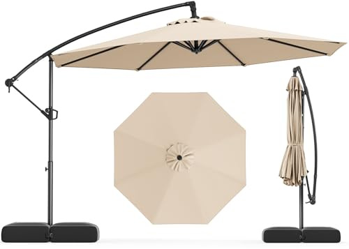 Tangkula 10ft Patio Umbrella with Base Included, Offset Cantilever Outdoor Umbrella with 360 Degree Rotation, Crank Handle, Sun-Protective Canopy for Pool Deck Garden Backyard (Beige)
