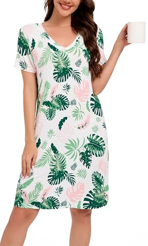 LUBOT Nighties Nightdresses for Women Bamboo Viscose, Soft Cooling Breathable Short Sleeve V Neck Sleepshirts Sleepwear Nightshirt Maternity Pyjamas Nursing Dress (White Monstera,M)