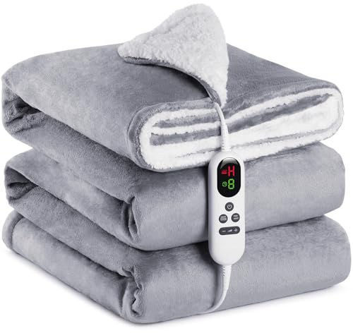 Heizdecke mit Abschaltautomatik, 200x180cm 10 Heizstufen 1~9 Stunden Auto-Off-Timer Überhitzungsschutz, Elektrische Wärmedecke Bett Wärme Decke ETL für Home & Office Schnelle Flanell Waschbar, Grau