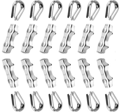 Anhoer 24PCS M3 Drahtseilklemme Set mit Drahtseilklemmen 3mm und Drahtseil Kauschen für 3mm Stahlseil Seil Takelage Edelstahl 304 (12 x Seilklemme Duplex+ 12x Drahtseilkauschen)