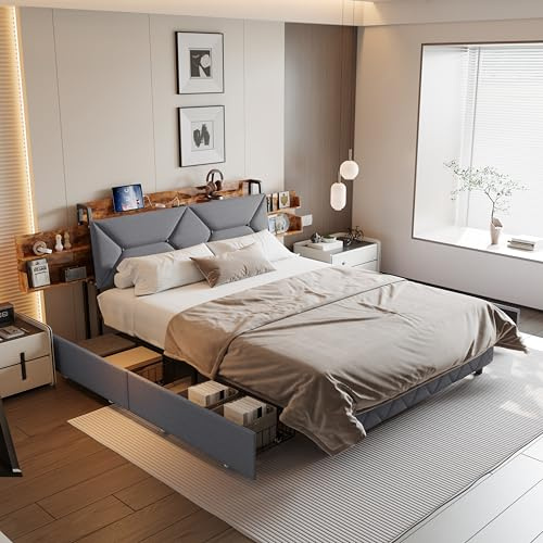 JOROBURO Polsterbett 160x200 mit Stauraum, Doppelbett mit 4 Schubladen, Stauraumbett mit Stauraum Kopfteil und USB, Jugendbett mit Lattenrost, Funktionsbett Bettgestell,Grau, ohne Matratze