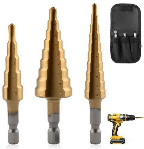 Aihoom 3Pcs Step Drill Bit Set, HSS Step Cone Drill Titanium Coated Hole Cutter Bit Set, Surface Coated Cone Cutter, High Speed Hex Shank for Metal, Plastic Stainless Steel, DIY Power Tools