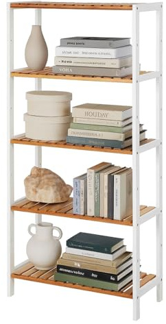 Neo 5 Tier Bamboo Storage Shelf Shelves Rack Adjustable Multi-Purpose Rack Shoes Plants Bathroom Kitchen Hallway Room Organiser Unit (Natural/White)