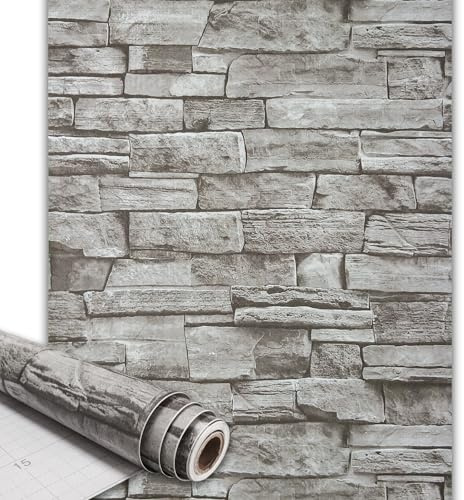 Qenlup Self Adhesive Brick Wallpaper 44.5x300cm Stone Contact Paper, Grey