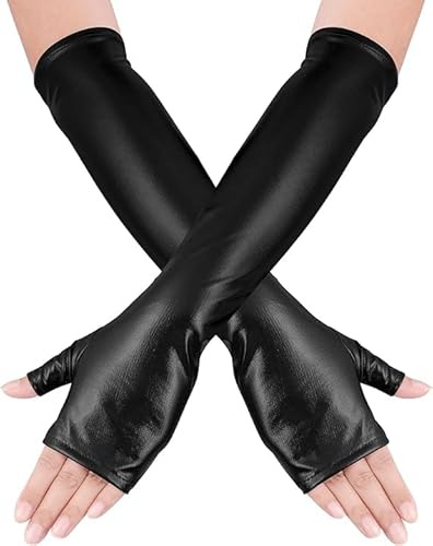 Schwarz Lackleder Handschuhe, Fingerlose Handschuhe Leder Lang, Glänzende Handschuhes Langs Damen Leders, Opernhandschuhe Leder, Kunstleder Handschuhes Lang für Karneval Cosplay Halloween Kostüm Party