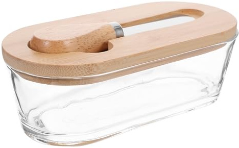 CIYODO Mantequera Rectangular de Madera y Vidrio con Tapa Hermética y Cuchillo de Inoxidable Caja para Mantequilla y Queso Capacidad Elegante y Práctica para Cocina y Encimera