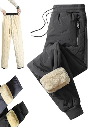 Generiska unisex-fleece-termobyxor, vattentäta och vindtäta, med dragkedjefickor, varma, sportiga termobyxor för kallt väder, Grå ribbad, XL