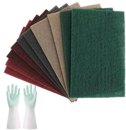 10 almohadillas de fieltro abrasivo, 150 x 230 mm, 5 granos, 600/800/1000/1200/3000 para metal, madera, acero inoxidable, 1 par de guantes de limpieza, fieltro de limpieza para lijar, pulir y