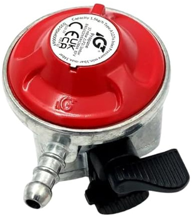 Regulador de gas propano de 27 mm | Regulador de GLP de baja presión de 37 mbar | Flujo de 1,5 kg/h | Cola de manguera de 8 mm | Se adapta a cilindros de gas de patio | Para barbacoas, calentadores de