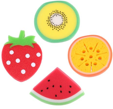 Générique Lot de 4 Éponges Fruits pour Garçon et Filles – Boules de Bain Éponge Corporelle Douce en Matière – Couleurs Variées – Pastèque Fraise Fruit la Passion Orange – Accessoires