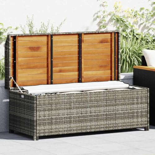 Ziaphsol Gartenbank mit Stauraum aus Poly Rattan Grau, 120 x 50 x 50 cm Truhenbank für Balkon Terrasse Outdoor, mit Akazienholzlatten und Stahlrahmen für Ordnung