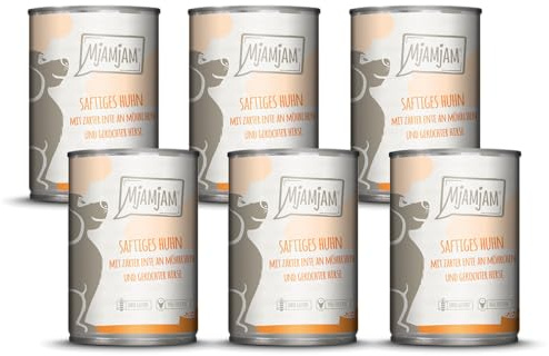 MjAMjAM - nourriture humide premium pour chiens - poulet juteux avec canard tendre sur carottes et millet bouilli, pack de 6 (6 x 400 g), sans céréales avec un supplément de viande