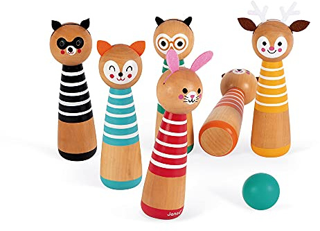 Janod - Happy Garden - Mi Primer Juego de Bolos, Juego de Exteriores para Niños, 6 Bolos y 2 Bolas en Madera - Desde Los 3 Años, J03200
