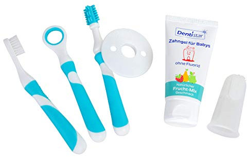dentistar Komplettes Baby Zahnpflege Set – 5-teiliges Mundpflege & Zahnbürsten-Starterset mit Silikon Fingerzahnbürste, Baby Zahnpasta & 3 Lernzahnbürsten – BPA-frei & sicher für Babys
