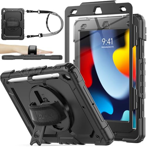SEYMAC stock Hülle für iPad 9./8./7. Generation 10,2 Zoll 2021/2020/2019, Stoßfeste Hülle mit Displayschutzfolie, 360 Drehbarer Ständer/Handschlaufe, Stifthalter & Schultergurt, Schwarz