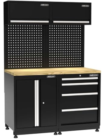 Kraftmeister Werkstatteinrichtung - Männerküche mit 4 Schubladen und 3 Schränken - Werkzeugschrank, Garage - modulares Werkbank mit Eiche Arbeitsplatte und Werkzeugwand - Schwarz