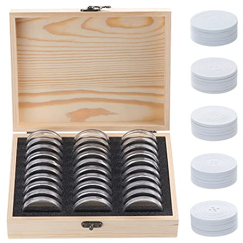 Kinsinder 30 Stück Holz Münzen Aufbewahrung mit runden Münzkapseln, Holz-Münzaufbewahrungsbox Münzdisplay Gedenk-Sammelbehälter, Münzschutzbox Münzsammler